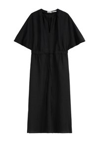 Abito in lino nero con scollo a V, maniche corte e ampia, e una cintura regolabile in vita. Presenta un orlo fino al ginocchio con una silhouette morbida.