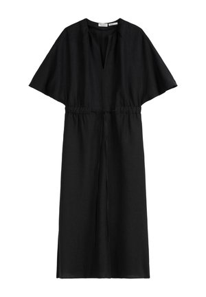 Black linen dress with a V-neck, short wide sleeves, and an adjustable waist tie. Features a knee-length hem with a relaxed silhouette.