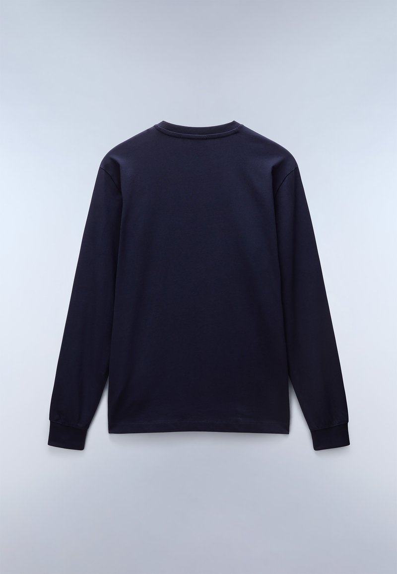 Langarm-T-Shirt in Marineblau aus weicher Baumwolle mit Rundhalsausschnitt und gerippten Bündchen, das ein schlichtes, unauffälliges Design aufweist.