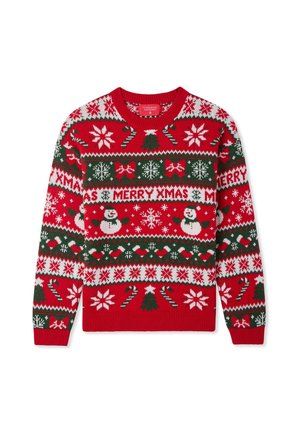 Maglione lavorato a maglia rosso con un motivo festivo che presenta fiocchi di neve bianchi, accenti verdi, pupazzi di neve, bastoncini di zucchero e il testo "BUON NATALE".