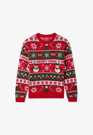 Maglione lavorato a maglia rosso con un motivo festivo che presenta fiocchi di neve bianchi, accenti verdi, pupazzi di neve, bastoncini di zucchero e il testo "BUON NATALE".