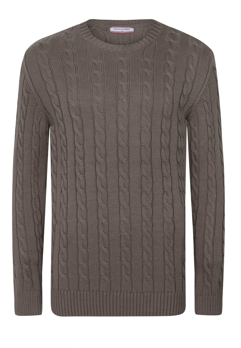 Hallide kudumiga halliste sweater, millel on ümmargune kaelus, pikad varrukad ning ribakujulised mansetid ja ääred. Pehme tekstuur koos paksu disainiga.