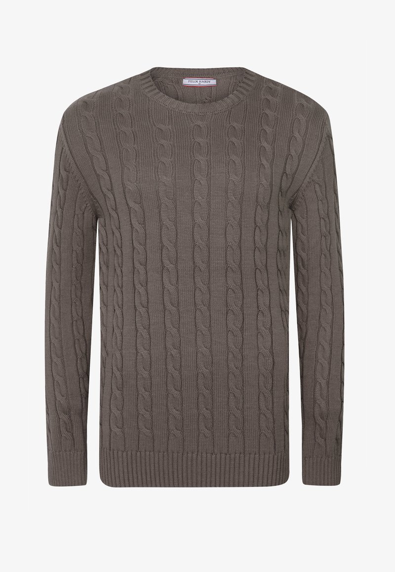 Hallide kudumiga halliste sweater, millel on ümmargune kaelus, pikad varrukad ning ribakujulised mansetid ja ääred. Pehme tekstuur koos paksu disainiga.