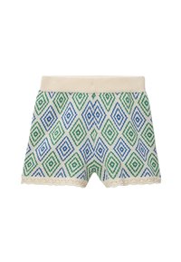 Shorts en tricot avec une taille couleur crème. Présente un motif en losanges bleu et vert sur un fond blanc. Détail d'ourlet festonné.
