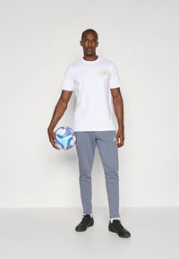 Biała bawełniana koszulka z kolorową grafiką, szare zwężane spodnie dresowe z bocznymi paskami oraz czarne buty sportowe. Trzyma piłkę nożną w wzory.