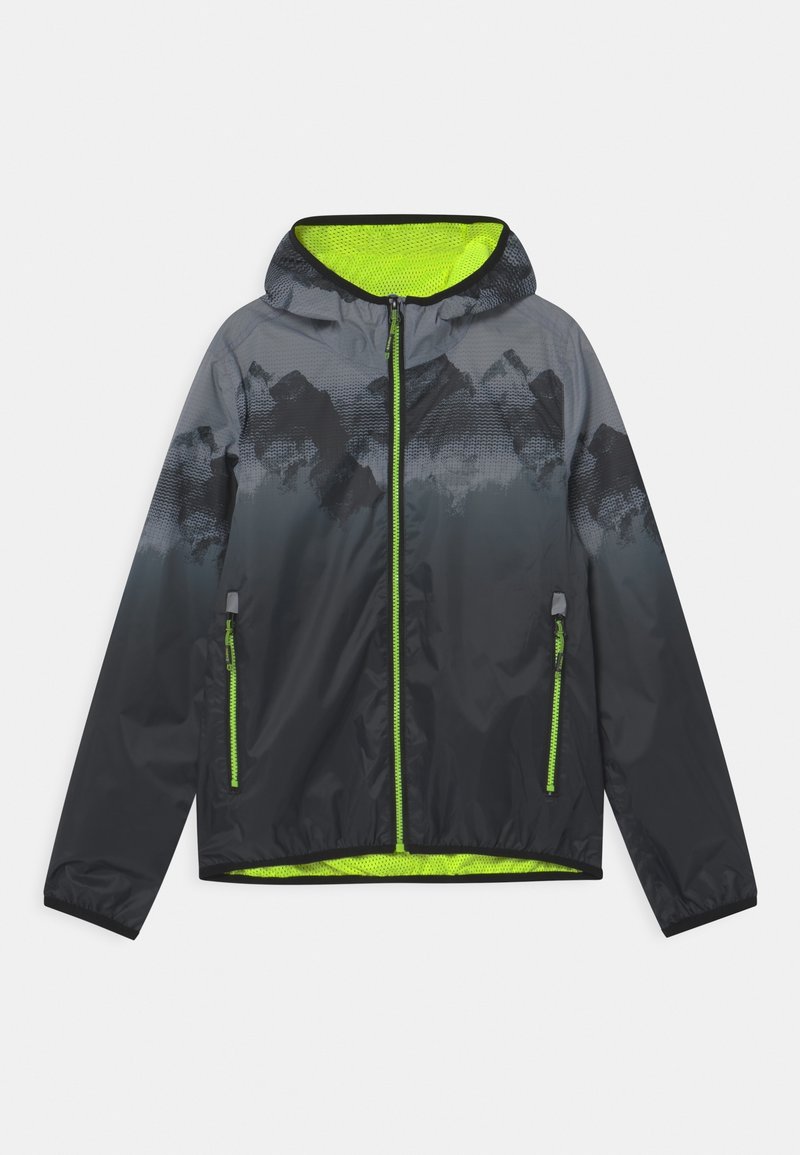 Veste légère en dégradé de gris avec des accents vert néon. Dispose d'une capuche, de poches zippées et d'une doublure intérieure en mesh.