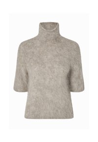 Kort fuzzy beige polokrage tröja med korta ärmar och mjukt, texturerat tyg.