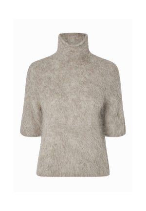 Kort fuzzy beige polokrage tröja med korta ärmar och mjukt, texturerat tyg.