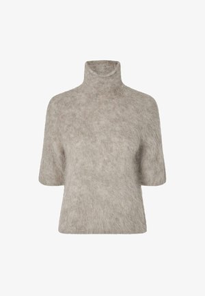 Suéter corto beige de cuello alto, con mangas cortas y una tela suave y texturizada.