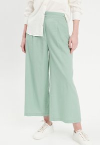 Mint green wide-leg pants made of lightweight fabric, featuring front pleats and a high waistband. Worn with white sneakers.