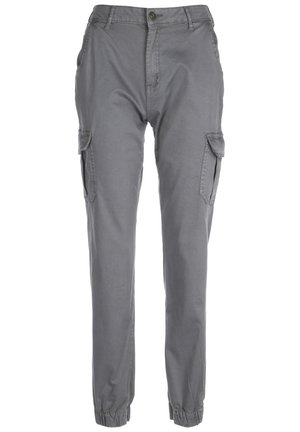 Grey cargo pants with two side pockets, a zip fly, and elastic cuffs at the ankles. Made from lightweight fabric, featuring a tapered fit.