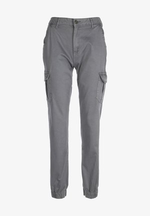 Szare spodnie cargo z dwoma bocznymi kieszeniami, zamkiem błyskawicznym i elastycznymi mankietami przy kostkach. Wykonane z lekkiego materiału, o zwężanym kroju.