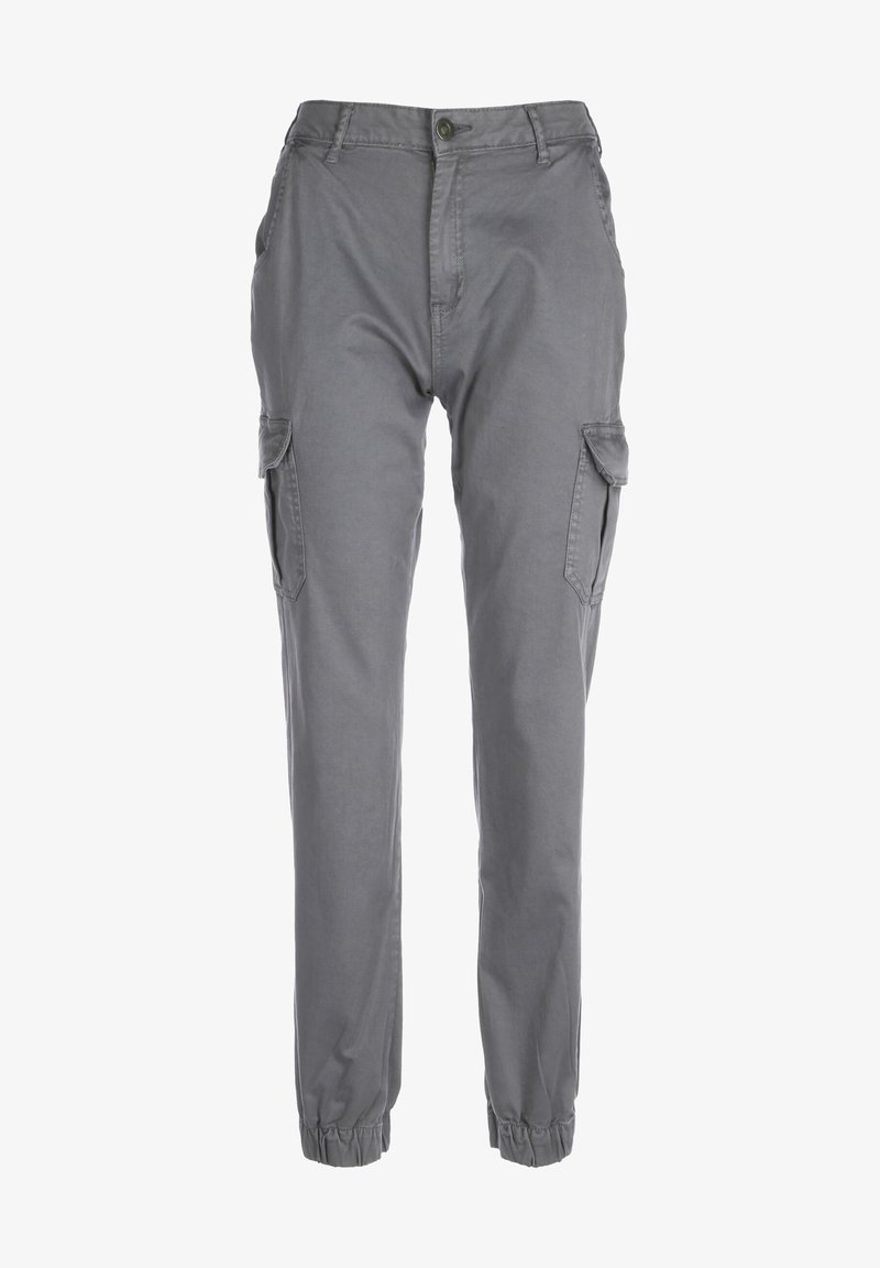 Pantalon cargo gris avec deux poches latérales, une fermeture éclair à l'avant et des ourlets élastiques aux chevilles. Confectionné dans un tissu léger, avec une coupe fuselée.