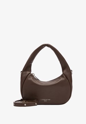 Borsa in pelle marrone scuro dalla forma arrotondata, con manico superiore, tracolla rimovibile e logo "Liebeskind Berlin" sul davanti.