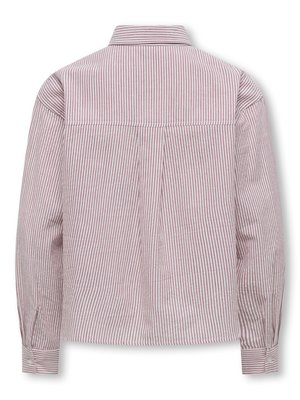 Bakside av en langermet skjorte med krage, med smale vertikale striper i hvitt og støvete rosa, og mansjetter med knapper.