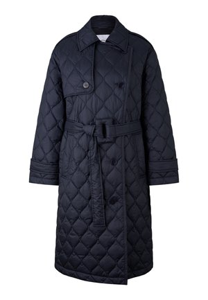 Manteau matelassé marine avec taille ceinturée, boutons à double boutonnage et large col. Présente une couture en motif de losanges et des manches longues.