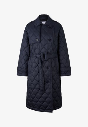 Navy quilted coat with a belted waist, double-breasted buttons, and a broad collar. Features diamond-patterned stitching and long sleeves.