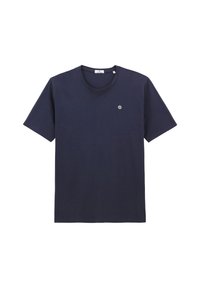 T-shirt bleu marine à manches courtes et col rond avec un petit logo circulaire sur la poitrine gauche, posé à plat sur un fond blanc.