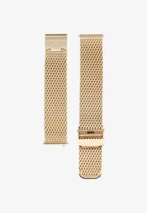 Goldene Maschenarmband mit rechteckiger Schnalle, kunstvoll gewebtem Design, glatter Textur und polierter Oberfläche, geeignet für verschiedene Uhrenmodelle.