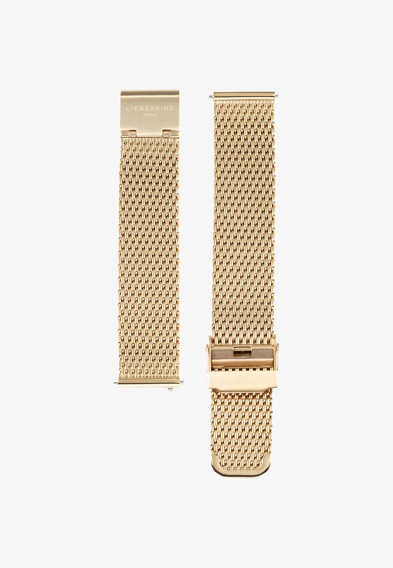 Bracelet de montre en mailles dorées avec fermoir rectangulaire, design tissé de manière complexe, texture lisse et finition polie, adapté à différents modèles de montres.