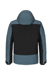 Kapuzejacke in Blau und Schwarz mit einem eleganten Design, gepolstertem Material und verstellbaren Bündchen. Die Rückansicht zeigt die Farbblockierung.