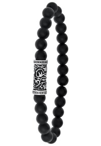 Zwarte kralenarmband gemaakt van gladde, matte kralen, met een zilveren decoratief middenstuk met ingewikkelde details en kleine zwarte accenten.