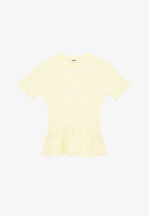 Haut en maille jaune clair à manches courtes avec encolure ronde et ourlet à basque, présentant un motif texturé subtil.