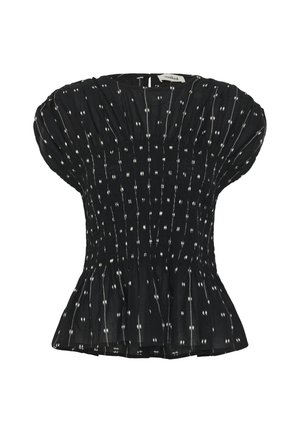 Zwarte blouse met korte mouwen en witte gestippelde verticale strepen, geplooide taille, pofmouwen en peplum zoom, binnenkant met etiket waarop "soaked" staat.