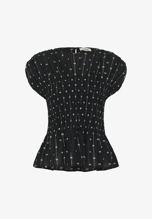 Zwarte blouse met korte mouwen en witte gestippelde verticale strepen, geplooide taille, pofmouwen en peplum zoom, binnenkant met etiket waarop "soaked" staat.