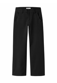 Melnas plaša piegriezuma bikses no gluda auduma, ar sānu kabatām un pogu aizdari jostasvietā.