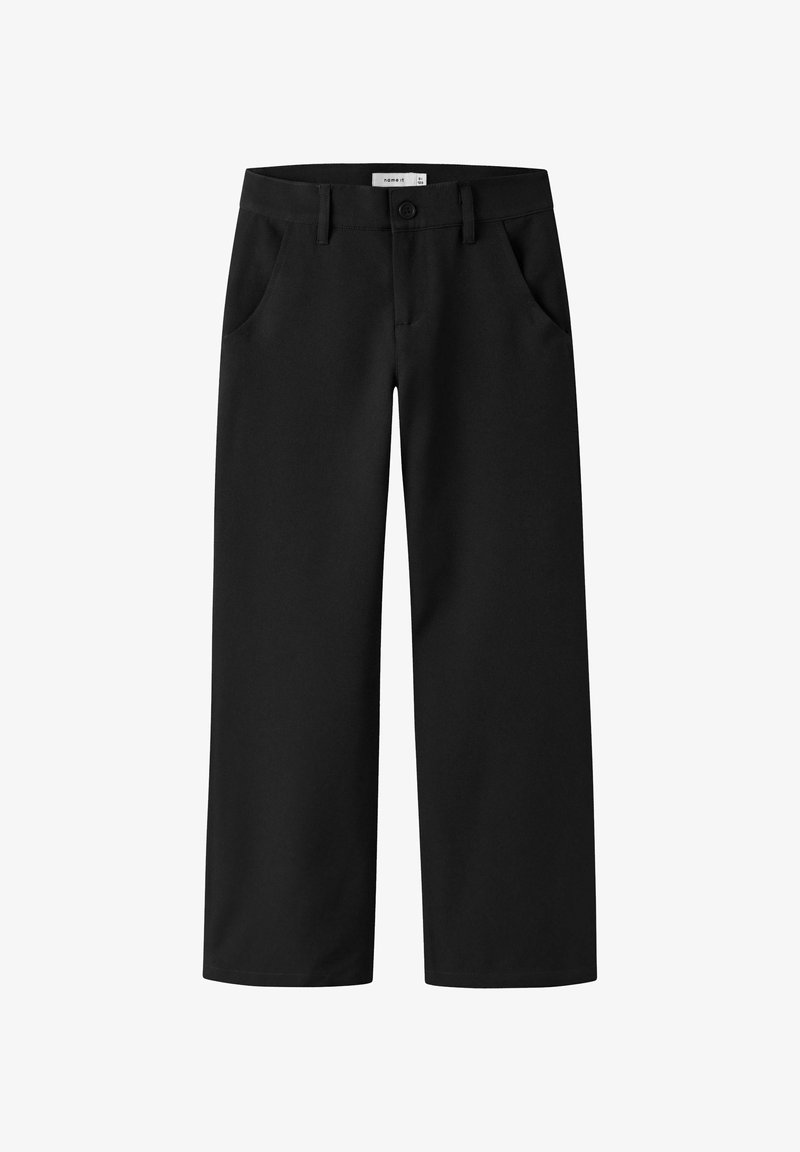 Melnas plaša piegriezuma bikses no gluda auduma, ar sānu kabatām un pogu aizdari jostasvietā.