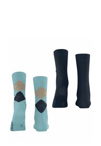 Dwie pary skarpetek: jedna jasnoniebieska w diamentowy wzór w odcieniach beżowym i granatowym, a druga w jednolitym czarnym kolorze. Obie posiadają prążkowane mankiety.