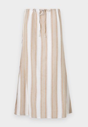 Svītrainā svārki baltā un gaiši brūnā krāsā, ar aukliņu jostu un garu, plūstošu dizainu. Izgatavoti no viegla auduma ar brīvu piegriezumu.