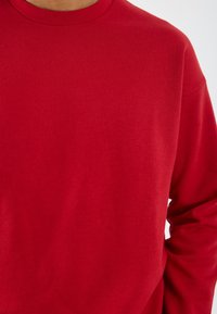 Rode sweatshirt met een ronde hals, lange mouwen en een gladde stoffen textuur. Geen zichtbare patronen of accenten. Eenvoudig ontwerp.