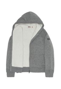 Szara bluza z kapturem zapinana na zamek, z miękką białą podszewką z polaru, ściągaczami na mankietach i kapturem. Posiada małą naszywkę z logo na lewym rękawie.