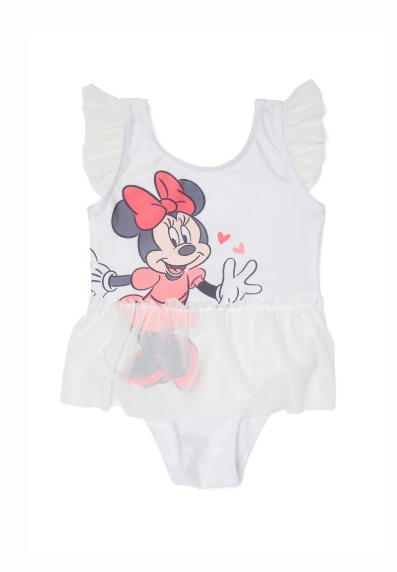 Einteiliger Badeanzug in Weiß mit einem Minnie Mouse Druck. Rüschenärmel, durchsichtiger rosa Rocküberwurf und elastischer Taillenbund.