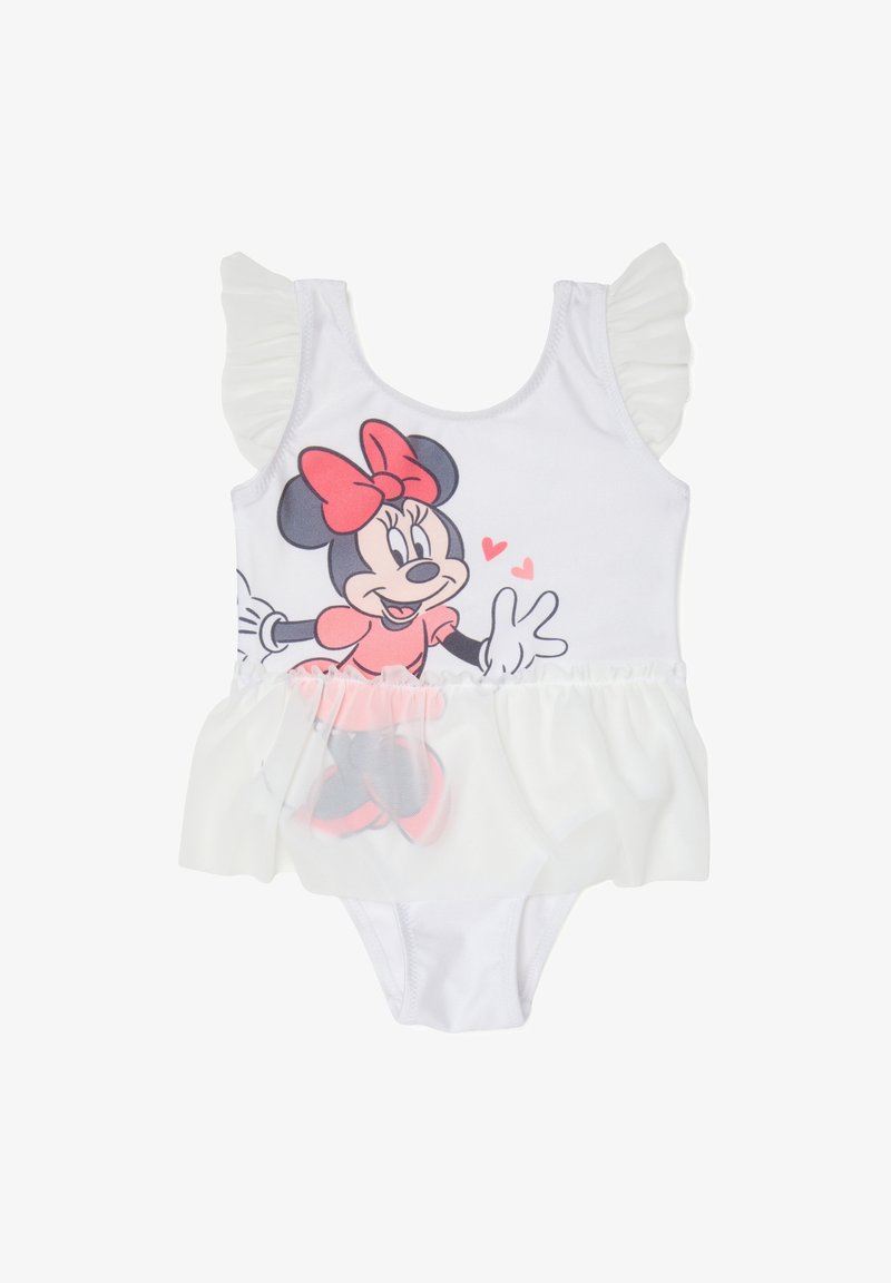 Bañador de una pieza en blanco, con un estampado de Minnie Mouse. Mangas con volantes, sobrefalda de tul rosa y cinturilla elástica.