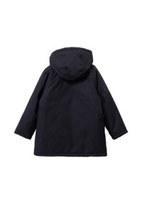 Abrigo de invierno negro con capucha, de mangas largas, acolchado, visto desde atrás sobre un fondo blanco.