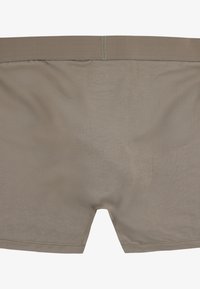 Shorts pour hommes de couleur taupe unie. Fabriqués dans un tissu doux et extensible avec une texture lisse. Ils disposent d'une taille standard et ne présentent aucun motif visible.