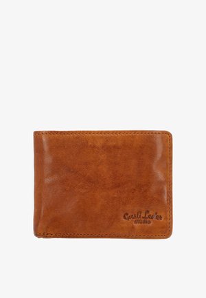 Brown leather bi-fold wallet with visible stitching and "Gusti Leder studio" embossed on the lower right corner.