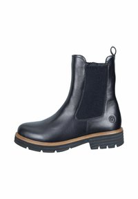 Schwarze Lederstiefeletten mit elastischen Seitenelementen, runder Zehenpartie und Holz-Mittelsohle. Strukturierte Gummi-Außensohle und Zugschlaufe an der Ferse.