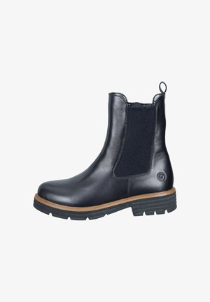 Black leather ankle boots with elastic side panels, round toe, and wooden midsole. Textured rubber outsole and pull tab on heel.