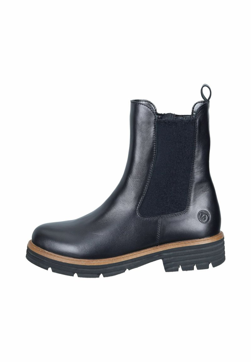 Schwarze Lederstiefeletten mit elastischen Seitenelementen, runder Zehenpartie und Holz-Mittelsohle. Strukturierte Gummi-Außensohle und Zugschlaufe an der Ferse.