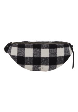 Czarna i biała nerka z materiału w kratkę z zamkiem błyskawicznym i czarnym akcentem. Posiada owalny kształt i detal z logo.