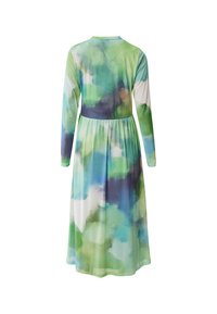 Lang�ärmliges Kleid mit einem grün-blauen Aquarellmuster. Weicher Stoff, plissierter Taillenbund und voller Rock, der bis zur Mitte der Waden reicht.