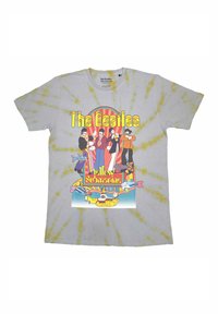 Gray tie-dye T-shirt featuring a colorful graphic design of The Beatles and the "Yellow Submarine" with cartoon characters and aquatic elements.