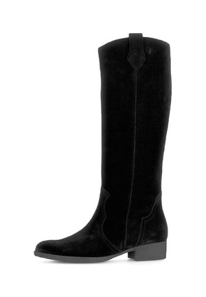 Black suede knee-high boot with a slightly pointed toe, block heel, and decorative stitching along the sides. Minimalist design with back tab.