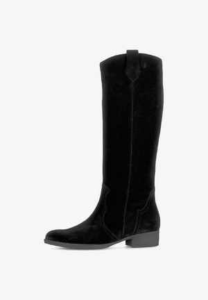 Black suede knee-high boot with a slightly pointed toe, block heel, and decorative stitching along the sides. Minimalist design with back tab.