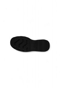 Semelle de chaussure en caoutchouc noir avec un motif en zigzag texturé, dotée de rainures horizontales et d'un logo embossé près du talon.