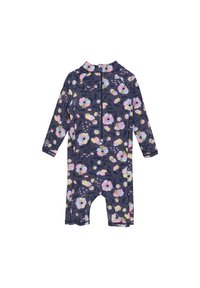 Blommönstrad baddräkt i ett stycke tillverkad i elastiskt tyg. Mörk bakgrund med rosa, blå och gula blommor. Har en dragkedja framtill och långa ärmar.